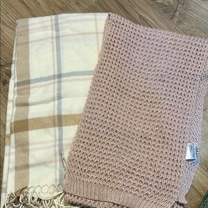Scarf bundle- Steve Madden Cream and Tan plaid scarf, pink metallic accented
